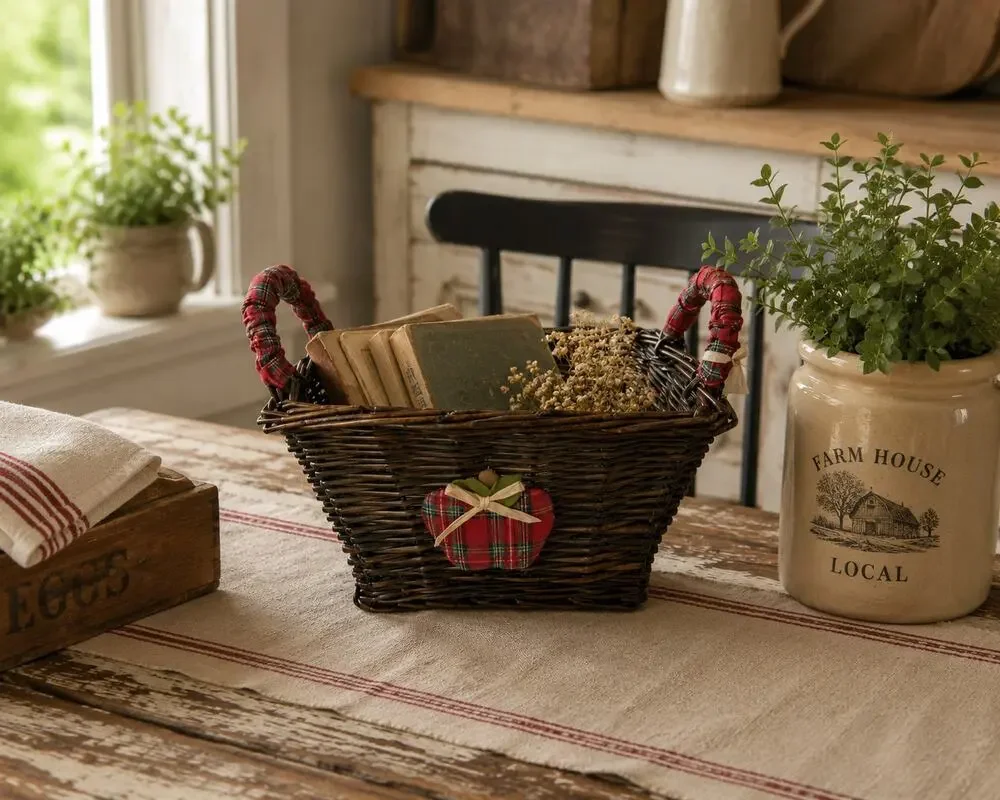 Vintage Brown Wicker Basket with Red Plain Apple and Handles